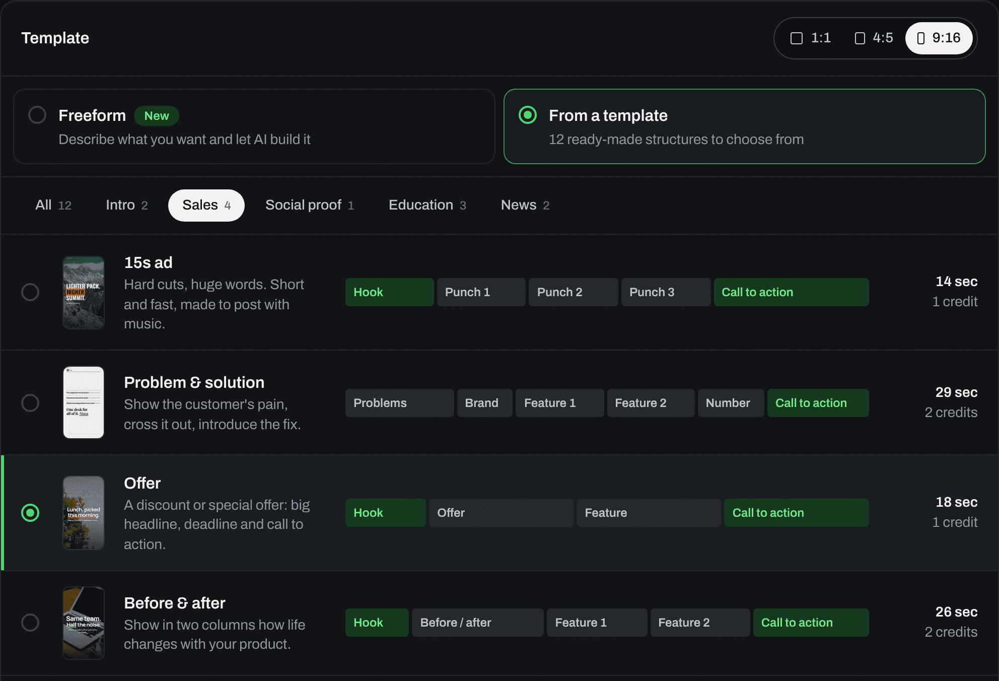 Choosing a template in Studio: a preview of each type, scene blocks, length and credits